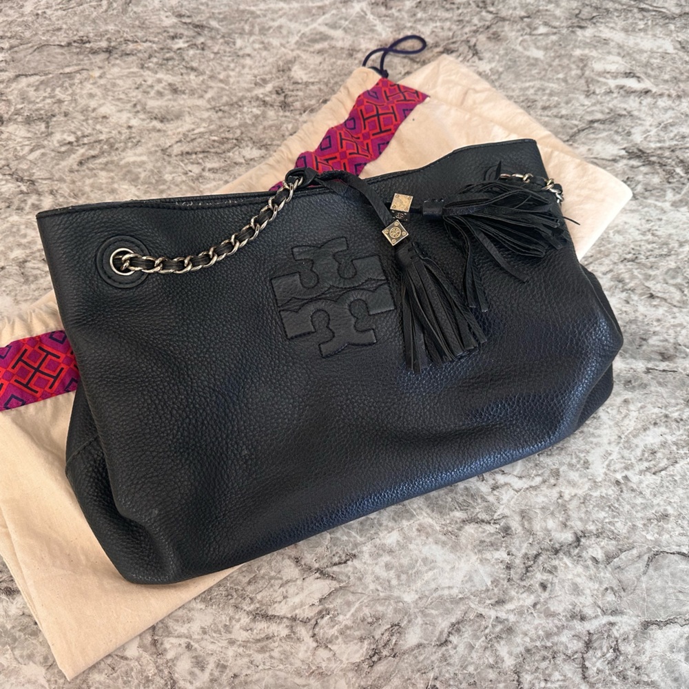 Tory Burch Britten Shoulder Tote Crossbody Bag Black Chain Strap
